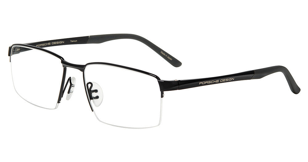 Porsche Design P81005 men's square semi-rimless eyeglasses in Black Grey, with black upper rims and temples, gray tips and exposed lower lens edges.