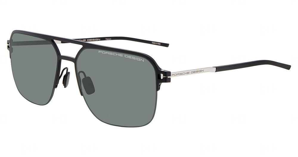 Porsche Design P86015 men's navigator metal sunglasses in Black Silver, with a black front, green-gray lenses and silver-tone temple sections.