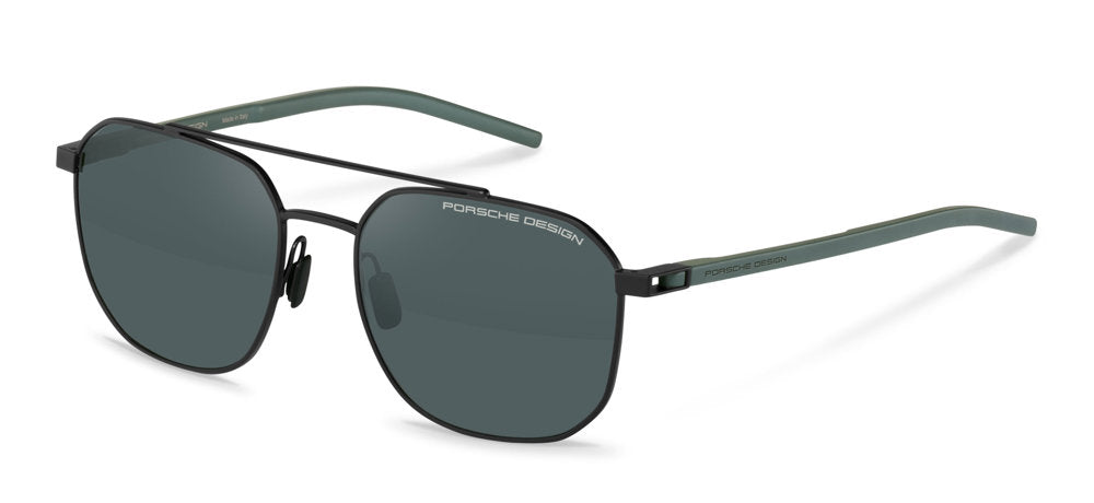 Porsche Design P8988 men's full-rim navigator sunglasses in Black W Blue Mirror Gun, with dark lenses, a double bridge and gray-green temples.