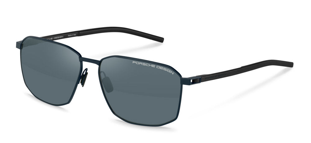 Porsche Design P8989 men's full-rim geometric sunglasses in Black W Blue Mirror, with dark temples and blue-gray reflective-looking lenses.