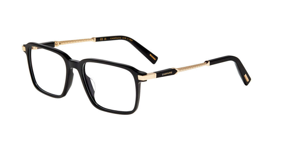 Chopard VCH426 men's square full-rim eyeglasses in Black with textured gold-tone temple detailing.