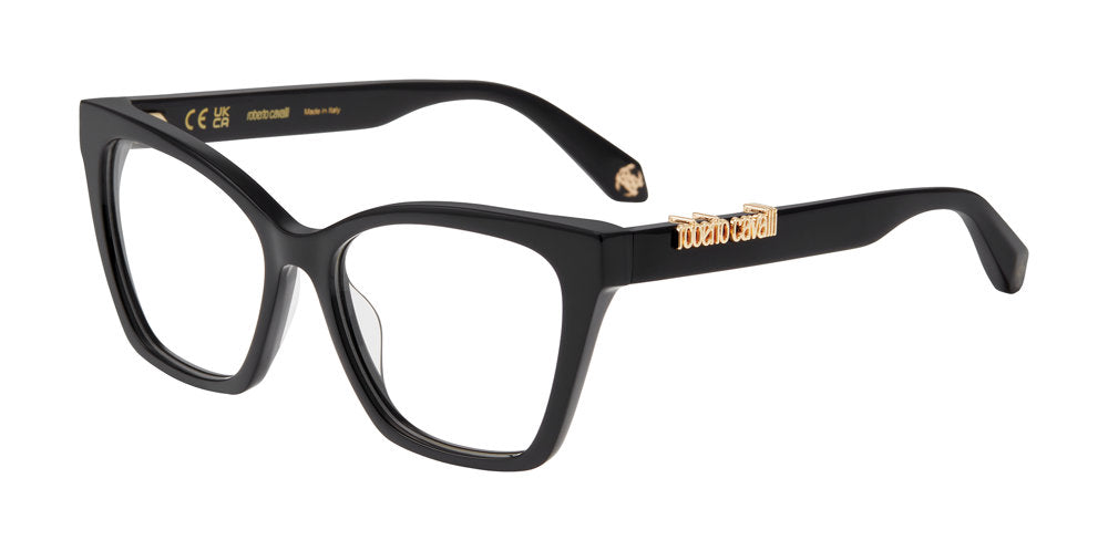 Roberto Cavalli VRC159M women's butterfly full-rim eyeglasses in Black with gold-tone temple lettering.