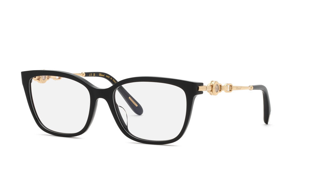 Chopard VCH420S women's square full-rim eyeglasses in Black with decorative gold-tone temples.