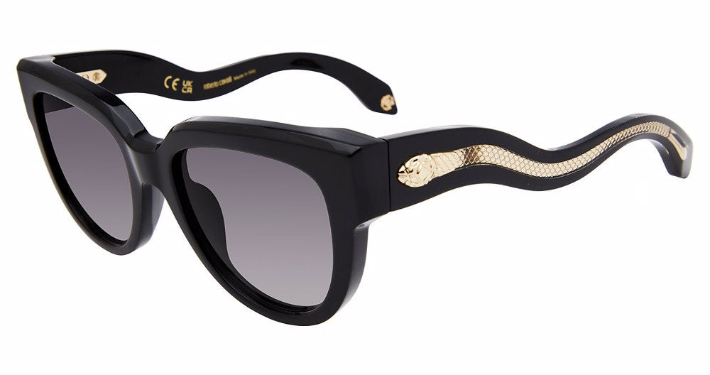 Roberto Cavalli SRC054 women's butterfly plastic sunglasses in Black with full rims, gray gradient-looking lenses, and gold-toned snake temple accents.