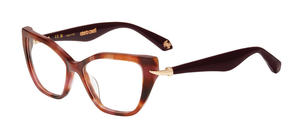 Roberto Cavalli VRC161M women's butterfly full-rim eyeglasses in Brown Pink Havana with tapered gold-tone side accents.