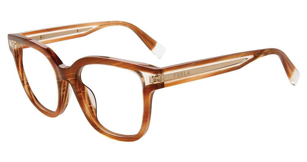 Brown:
Furla VFU582V Square Eyeglasses in Brown — women's full rim frame, no visible hinges, prescription-ready