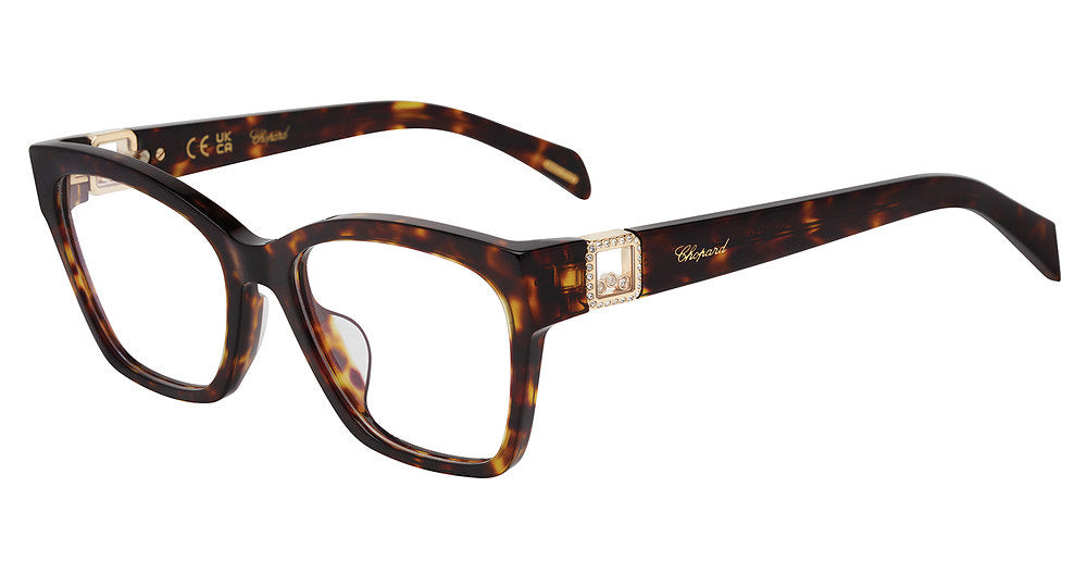 Classic Havana:
Chopard VCH401S Soft Square Eyeglasses in Classic Havana — women's full acetate frame with crystal-bordered gold-tone medallions on broad temples