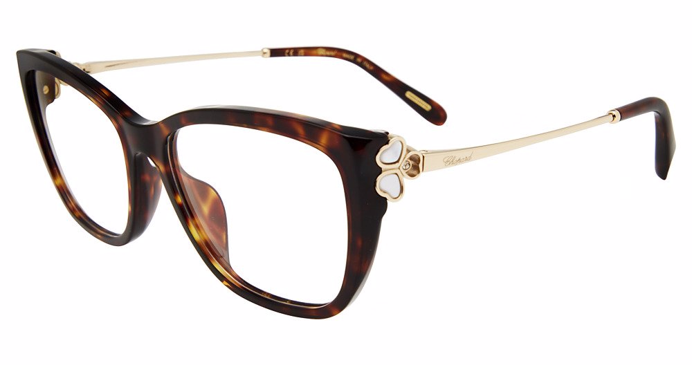 Classic Havana:
Chopard VCH368V Square Eyeglasses in Classic Havana — women's full acetate frame with slim gold temples and pink crystal heart hinges