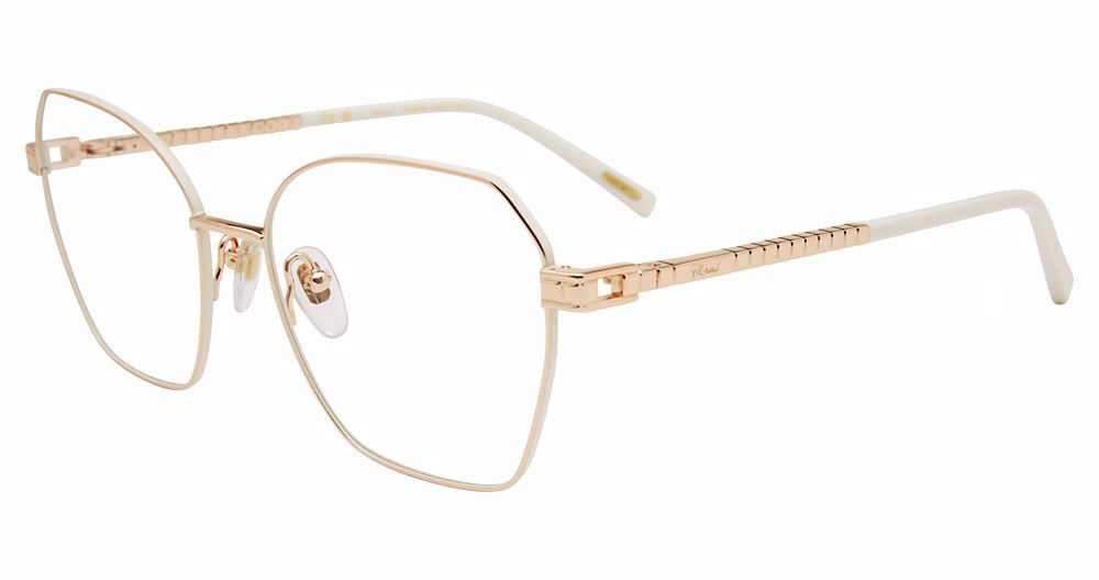 Copper Gold:
Chopard VCHL25M Geometric Eyeglasses in Copper Gold — women's full metal frame with gold-tone bridge, engraved temples and black tips