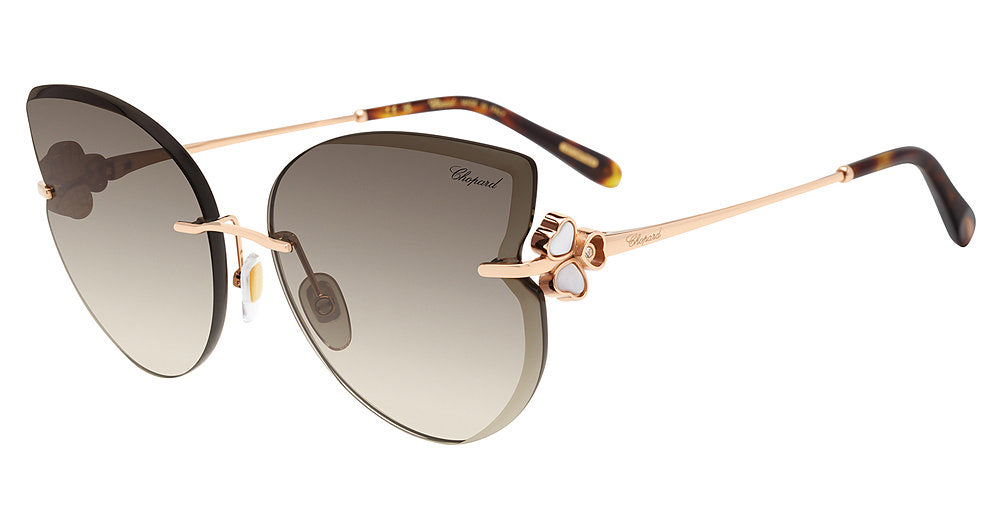 Copper Gold:
Chopard SCHL90V Butterfly Sunglasses in Copper Gold — women's rimless frame with brown gradient lenses and pearlescent heart temples
