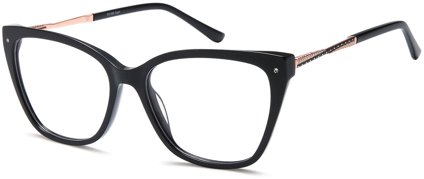 Black:
Capri Di Caprio DC396 Cat Eye Eyeglasses in Black — women's full acetate frame
