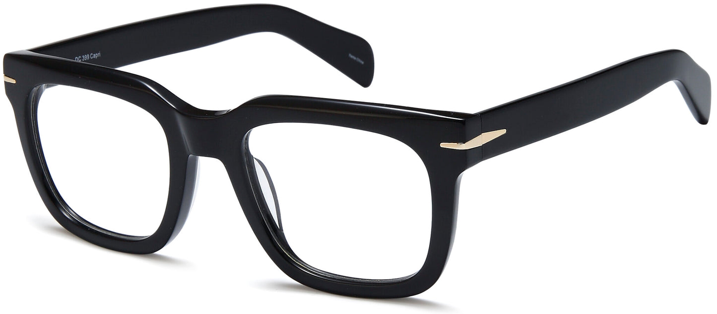 Black:
Capri Di Caprio DC399 Square Eyeglasses in Black — men's full acetate frame
