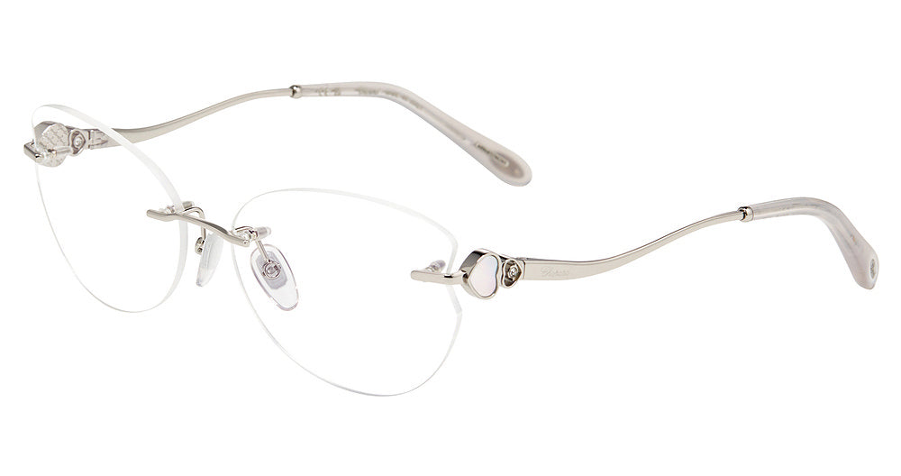 Full Palladium:
Chopard VCHL85V Oval Rimless Eyeglasses in Full Palladium — women's rimless silver-tone metal frame with crystal double-hearts hinge accents and white inlay