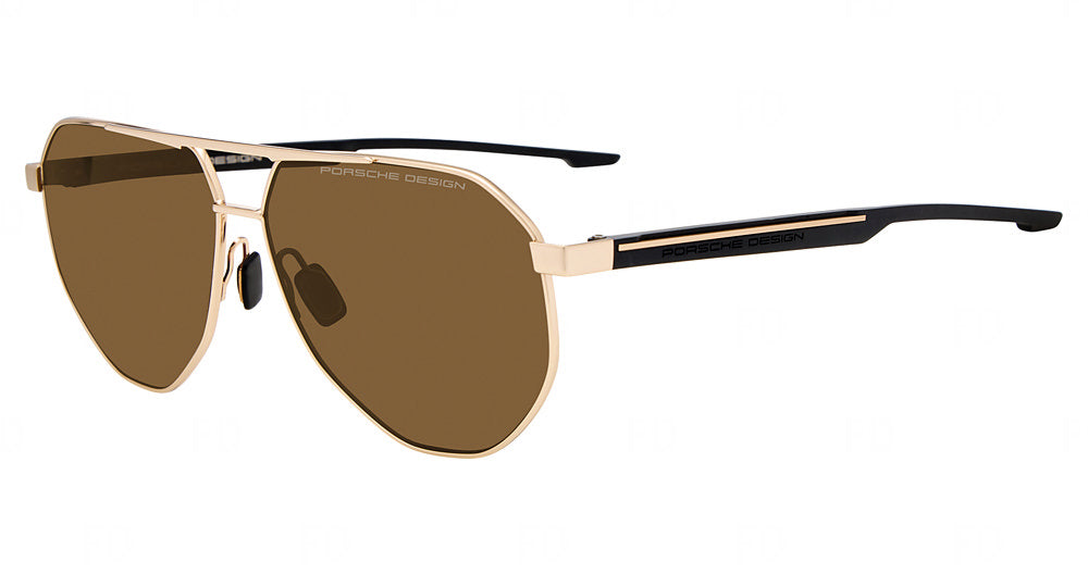 Porsche Design P86013 men's aviator metal sunglasses in Gold Black, with brown lenses, a gold-tone double bridge and gold-tone accents on black temples.