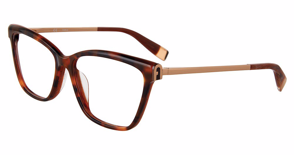 Havana Brown Horn:
Furla VFU631 Butterfly Eyeglasses in Havana Brown Horn — women's full plastic frame, single bridge, spring hinge, prescription-ready