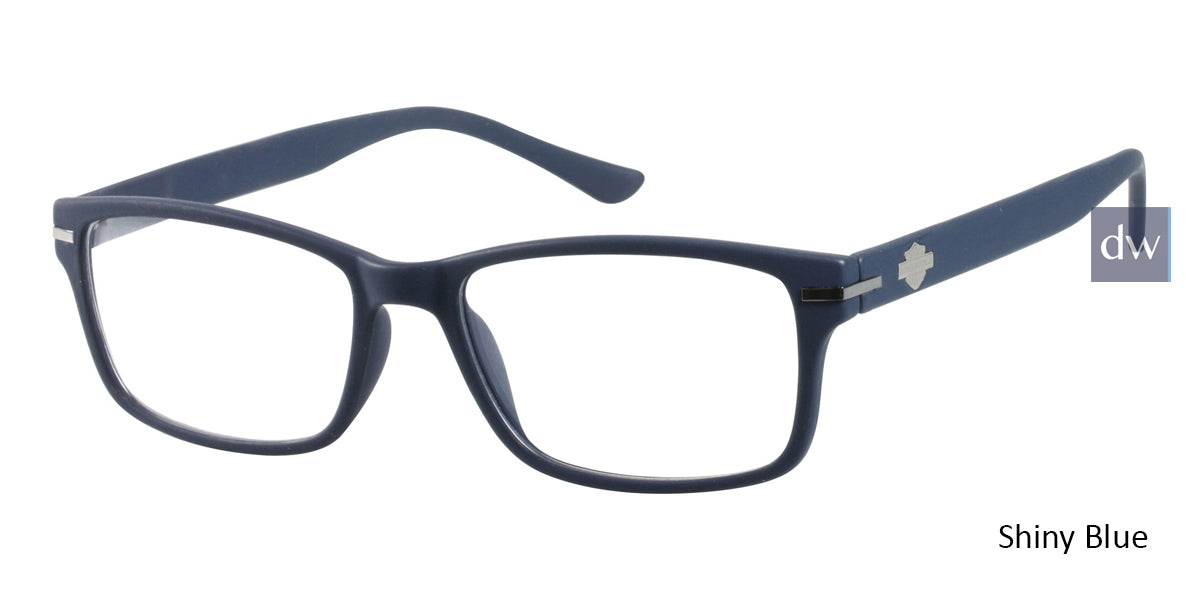 Shiny Blue:
Harley-Davidson HD0496 Rectangle Eyeglasses in Shiny Blue — men's full-rim acetate frame with engraved logo temples