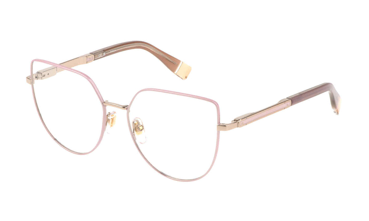 Red Gold:
Furla VFU673 Butterfly Eyeglasses in Red Gold — women's full frame, spring hinges, prescription-ready