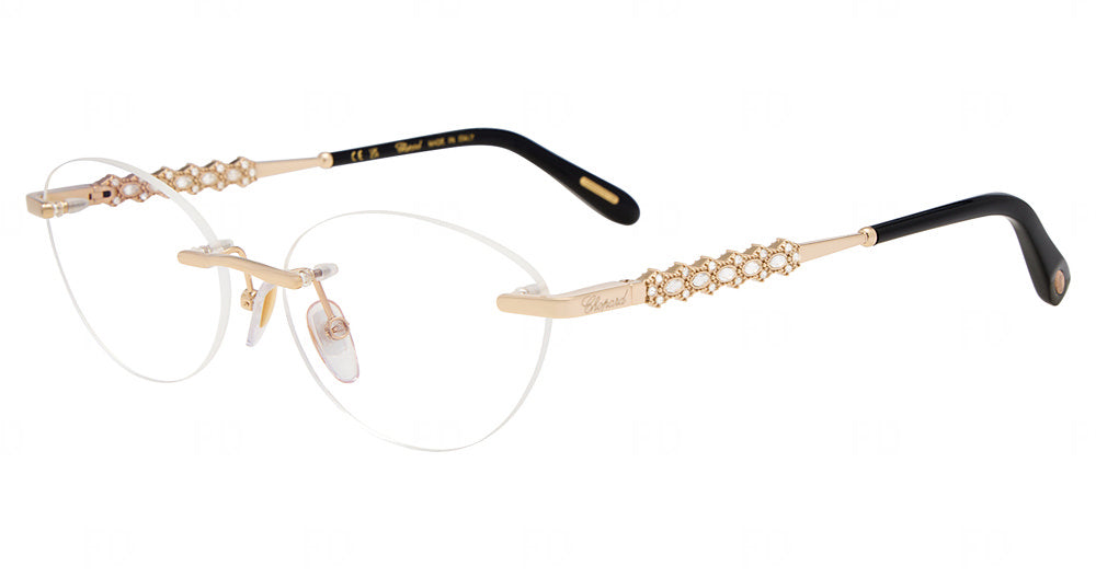 Chopard VCHM97S women's various-form metal rimless eyeglasses in Rose Gold with pale ornate temple accents and black temple tips.⠋