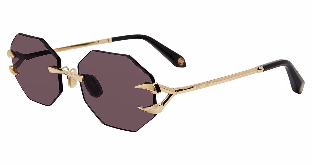 Roberto Cavalli SRC005 unisex geometric metal sunglasses in Rose Gold with rimless dark plum-toned lenses, sculptural claw-like outer accents, and dark temple tips.