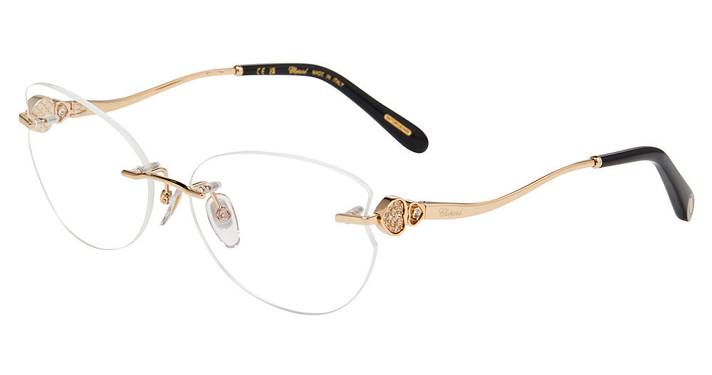 Rose Gold:
Chopard VCHL85S Oval Rimless Eyeglasses in Rose Gold — women's rimless metal frame with delicate gold-tone metalwork and crystal double-hearts hinge accents