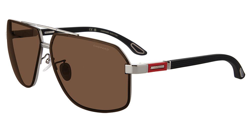 Chopard SCHG89 Square Sunglasses in Ruthenium — men's metal frame with sculpted double bridge and red enamel temple panels