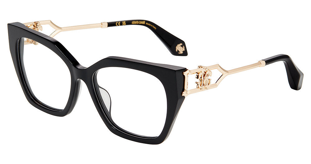 Roberto Cavalli VRC120 women's butterfly full-rim eyeglasses in Shiny Black with gold-tone openwork temples and decorative emblems.
