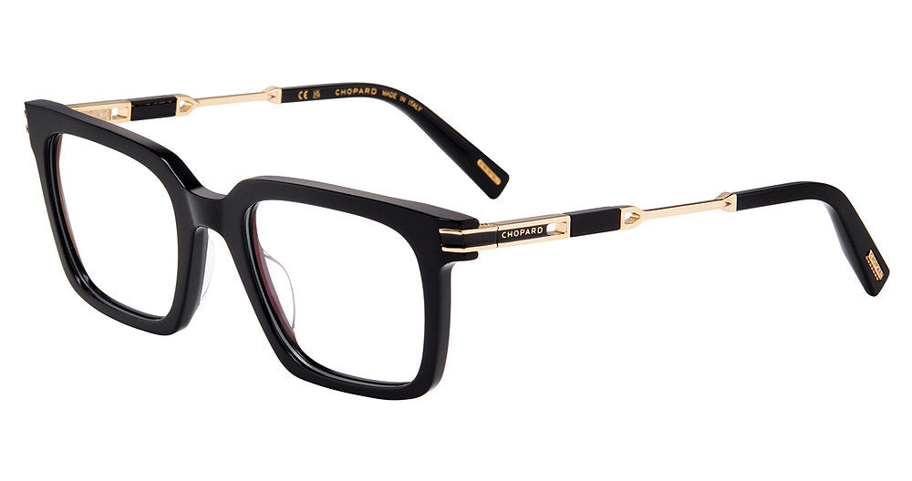 Chopard VCH410 men's geometric full-rim eyeglasses in Shiny Black with gold-tone temple detailing.