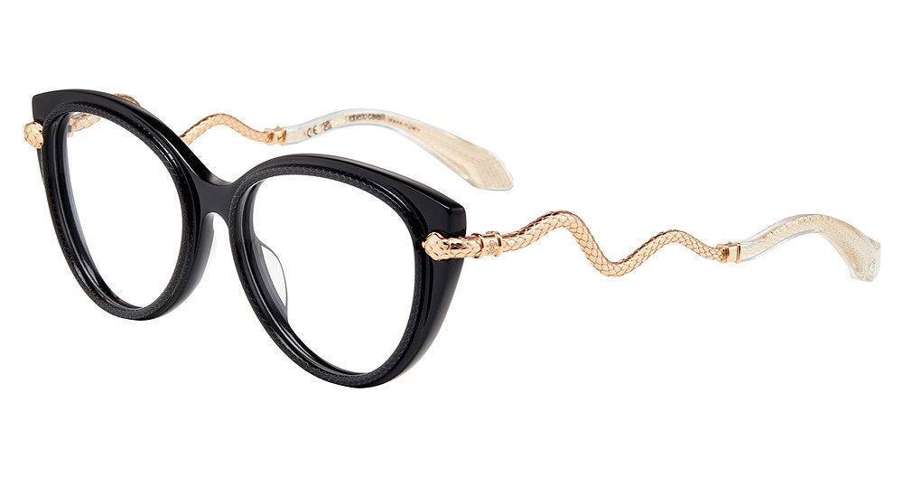 Roberto Cavalli VRC105 women's butterfly eyeglasses in Shiny Black with full rims, winding gold-tone serpent temples, and light-toned tips.