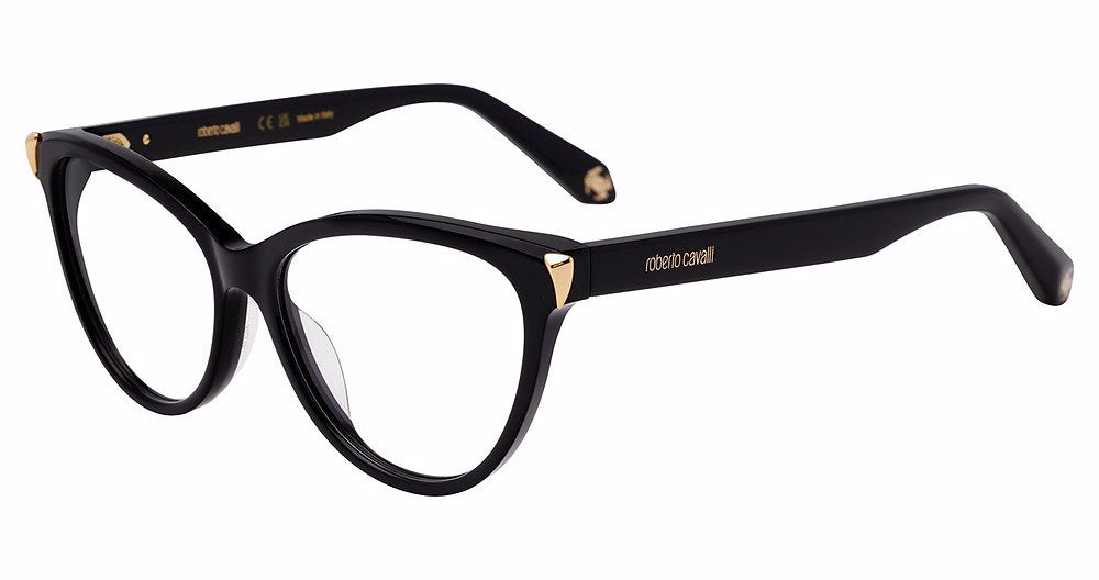 Roberto Cavalli VRC102M women's butterfly eyeglasses in Shiny Black with gold-tone corner accents and branded temples.