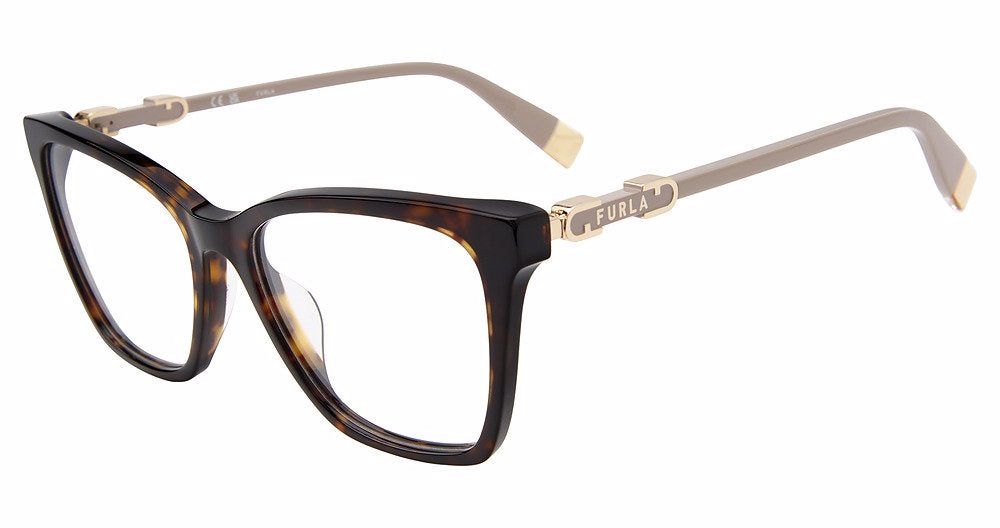 Shiny Dark Havana:
Furla VFU833 Square Eyeglasses in Shiny Dark Havana — women's full plastic frame, spring hinges, prescription-ready