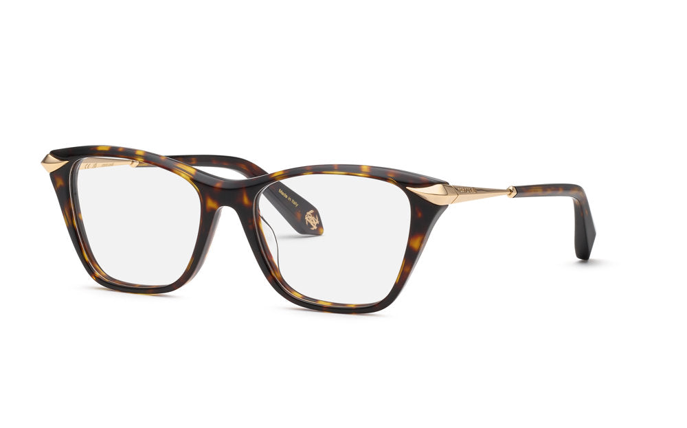 Roberto Cavalli VRC144M women's cat-eye full-rim eyeglasses in Shiny Havana with tapered gold-tone corner and temple accents.