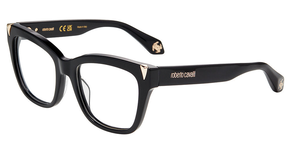 Roberto Cavalli VRC116V women's square eyeglasses in Shiny Black with triangular gold-tone corner accents and branded temples.