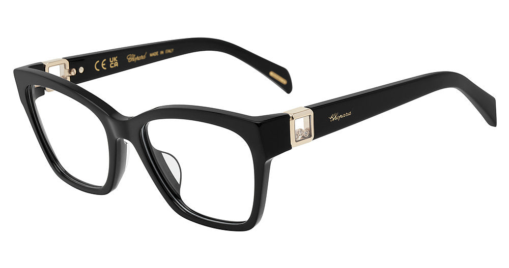 Shiny Black:
Chopard VCH401 Rectangular Eyeglasses in Shiny Black — women's full acetate frame with jewelry-inspired gold-tone hinges and gold script logo temples