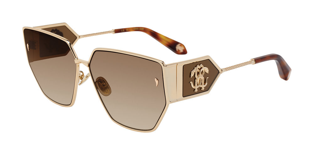 Roberto Cavalli SRC092 women's geometric full-rim sunglasses in Shiny Total Rose Gold with brown gradient-looking lenses, decorative logo side panels, and brown-and-amber mottled temple tips.