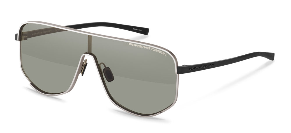 Porsche Design P86007 men's shield sunglasses in Titanium Black Grey, with a gray shield, silver-tone outline and black temples.