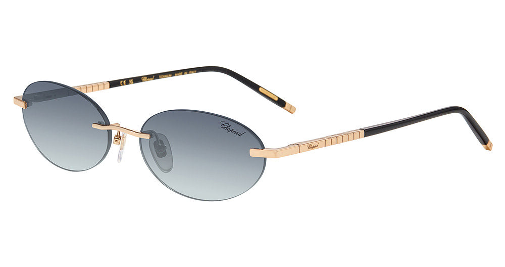 Chopard SCHL87M Oval Sunglasses in Total Rose Gold — finely ridged gold temple transitioning to black tip, side view