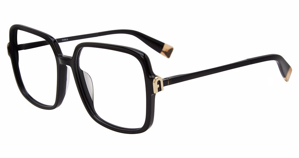 Black:
Furla VFU632 Square Eyeglasses in Black — women's full plastic frame, single bridge, prescription-ready