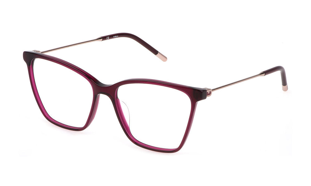 Bordeaux Red:
Furla VFU635 Square Eyeglasses in Bordeaux Red — women's full plastic frame, no hinges, prescription-ready