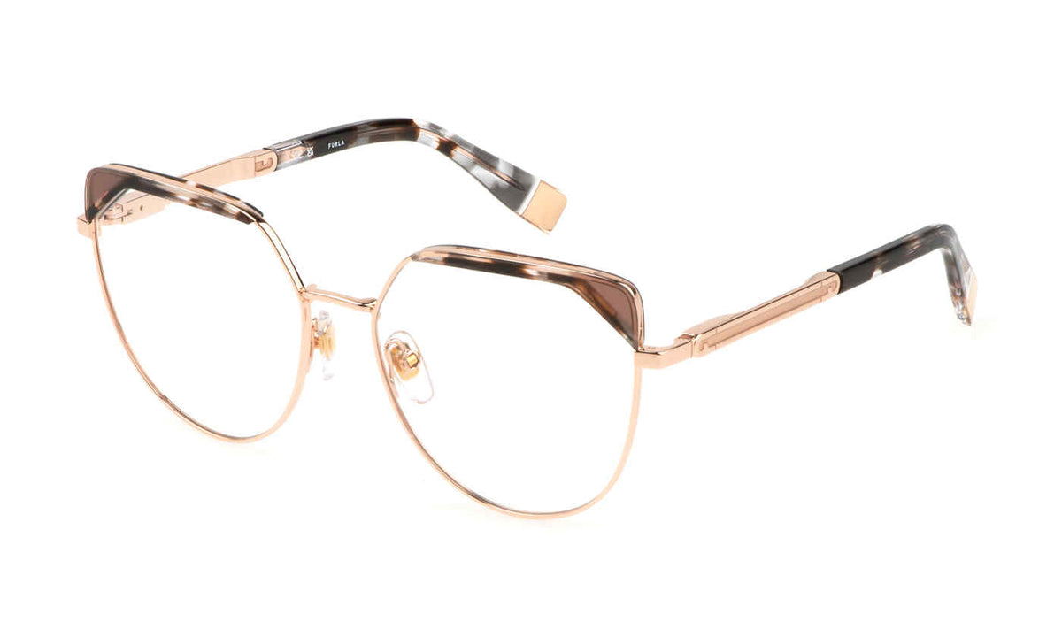 Copper Gold:
Furla VFU673V Butterfly Eyeglasses in Copper Gold — women's full metal frame, adjustable nose pads, prescription-ready