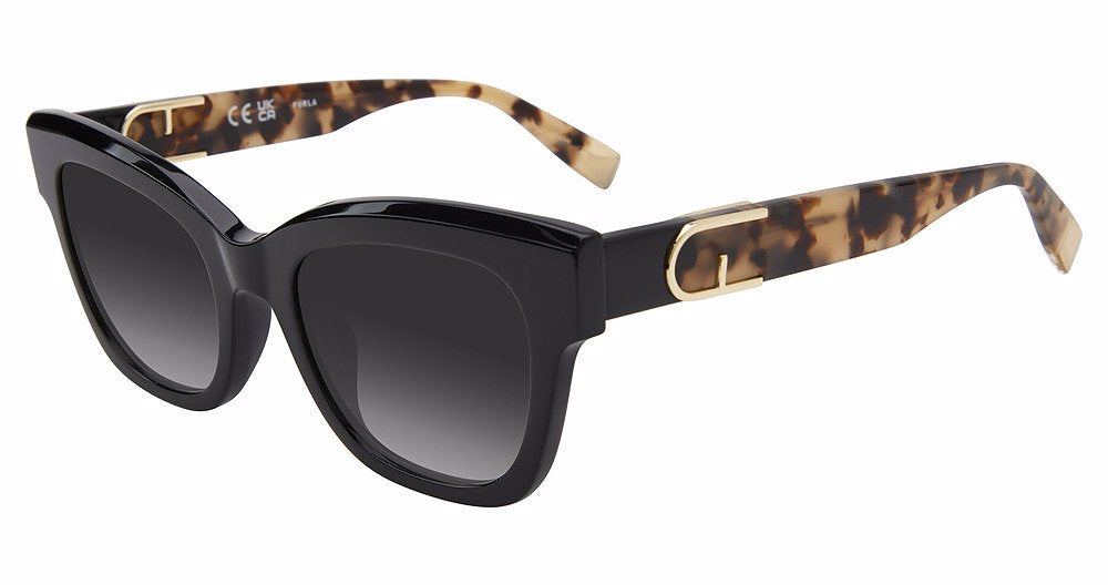 Shiny Black:
Furla SFU814V Square Sunglasses in Shiny Black — women's full plastic frame, hingeless, prescription-ready