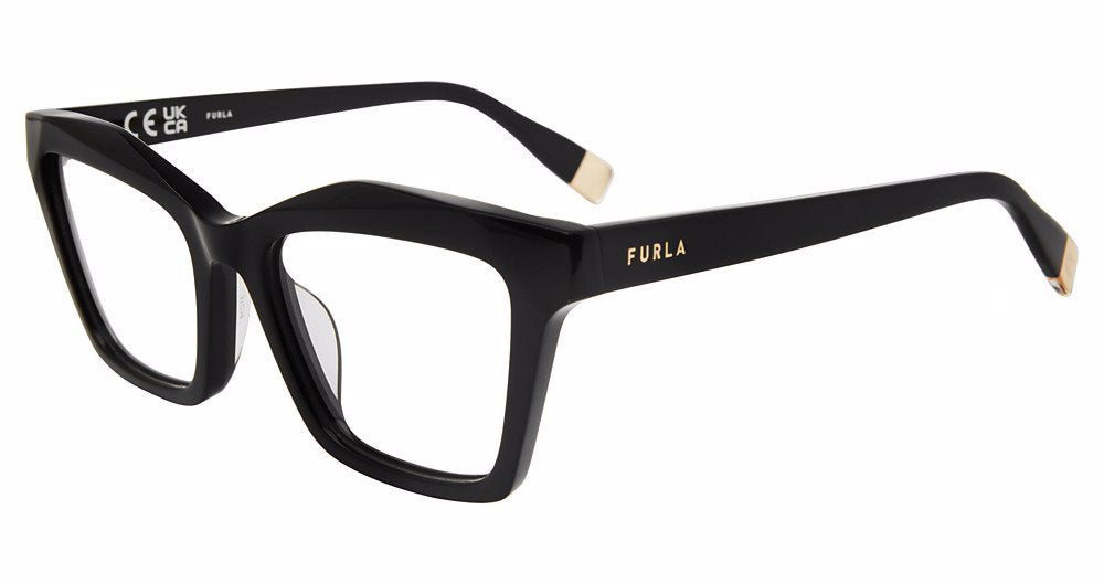 Shiny Black:
Furla VFU767 Geometric Eyeglasses in Shiny Black — women's full plastic frame, no hinges, prescription-ready