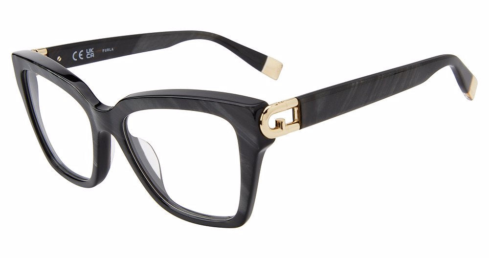 Shiny Black Mother of Pearl:
Furla VFU826 Square Eyeglasses in Shiny Black Mother of Pearl — women's full plastic frame, no hinges, prescription-ready