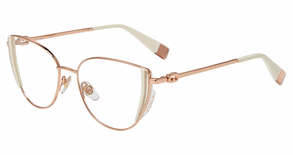Shiny Copper Gold:
Furla VFU771V Butterfly Eyeglasses in Shiny Copper Gold — women's full metal frame, no hinges, prescription-ready
