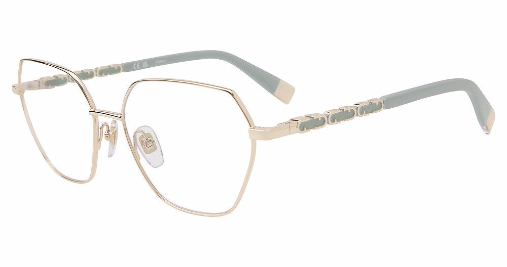 Shiny Rose Gold:
Furla VFU834 Butterfly Eyeglasses in Shiny Rose Gold — women's full metal frame, spring hinges, prescription-ready
