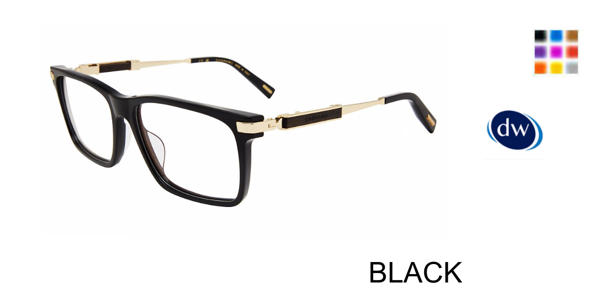 Black:
Chopard VCH364 Square Eyeglasses in Black — men's full acetate frame with polished metal temples and wood-look logo inserts