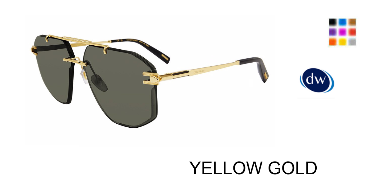 Chopard SCHL23 Aviator Sunglasses in Yellow Gold — men's rimless frame with black brow accents and gold floating top bar