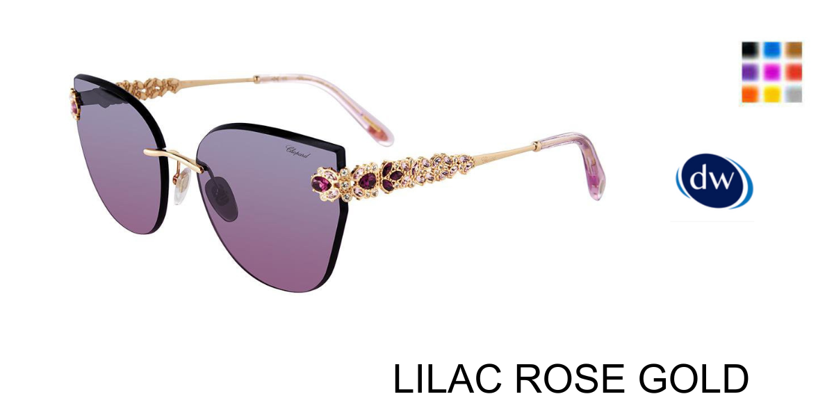 Chopard SCHL05S Butterfly Sunglasses in Lilac Rose Gold — women's acetate frame with black brow accents and floral crystal filigree temples