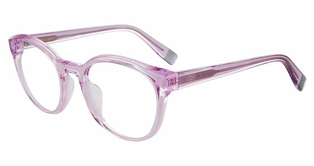 Transparent Lilac:
Furla VFU642V Pantos Eyeglasses in Transparent Lilac — women's full plastic frame, no hinges, prescription-ready