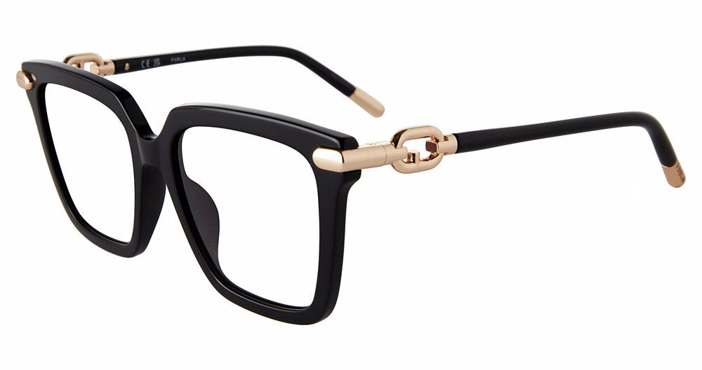 Black:
Furla SFU713 Square Sunglasses in Black — women's full plastic frame, hingeless, prescription-ready
