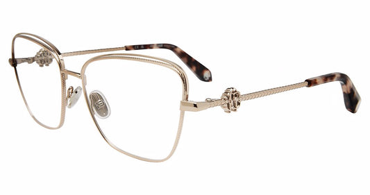 Roberto Cavalli VRC069V women's butterfly metal eyeglasses in Red Gold, with full rims, decorative textured temples, and mottled temple tips.

